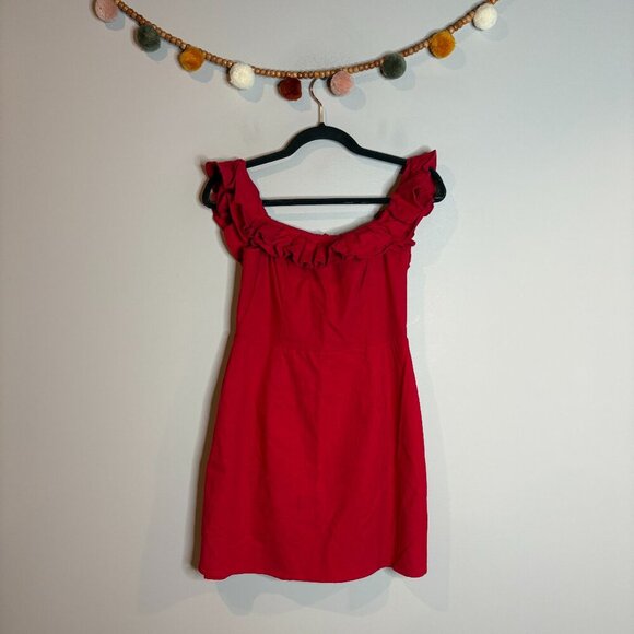 WAYF red linen blend ruffle off shoulder dress - Picture 1 of 5